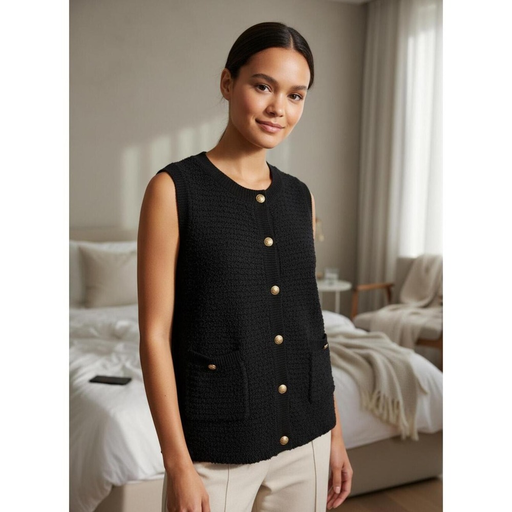 Chic Black Sleeveless‎ Knit Vest Gold Button Sweater Vest Preppy Quiet Luxury